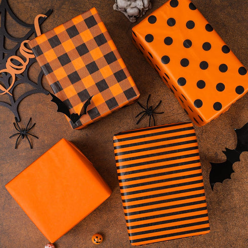 Whaline 100 Sheet Fall Tissue Paper 4 Design Orange Black Plaid Stripe Polka Dots Wrap Tissue Paper Autumn Gift Wrapping Accessory for Fall Celebr...