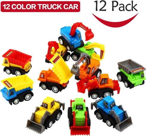 12-Piece Mini Truck Toy Kit - Pull Back Construction Vehicles for Kids, Great Party Favors, Birthday Gifts, Classroom Rewards, and Stocking Stuffe...