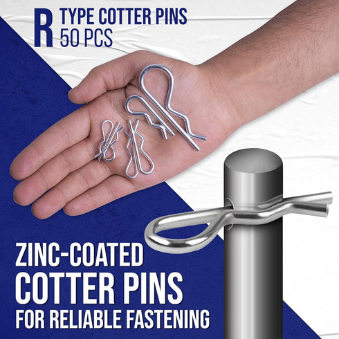50 Pcs Cotter Pin Assortment Kit – Zinc Plated R Clip Stainless Steel Cotter Pins with 6 Different Sizes – Easy Installation & Tool Free Removal –...