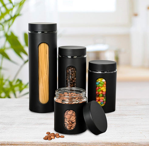 Glass Canister Set of 4 for Sugar, Matte Black Kitchen Counter Decor and Accessories...