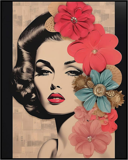 Posterizer 1 pcs-vintage woman with beautiful flowers collage-Retro Art-Floral & Botanical Art-Gift for Art Lovers- UNFRAMED Wall Art...