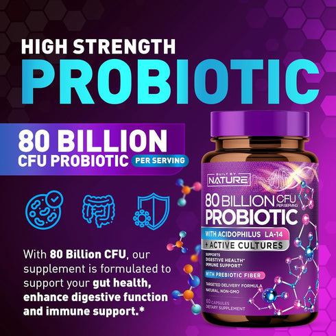 80 Billion CFU Probiotic - Daily Digestive Gut Health Supplement for Men & Women - Lactobacillus acidophilus, Bifidobacterium & Prebiotics - Non-G...