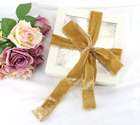 Gold Velvet Ribbon 1.5 Inch Khaki Frayed Silk Velvet Ribbon Rustic Gold Christmas Velvet Ribbon Gift Ribbon Raw Edge Boho Ribbon Wedding Invitatio...