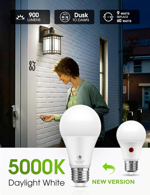 LOHAS Dusk to Dawn Light Bulbs Outdoor, Light Sensor Bulb 60W Equivalent, A19 LED Bulb Daylight 5000K, 9W Photocell Sensor LED, 900LM Auto On/Off ...