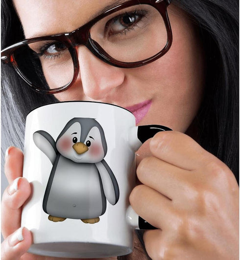 3dRose "Cute Waving Gray and White Penguin Illustration" Mug, Black/White/Gray, 11 oz...