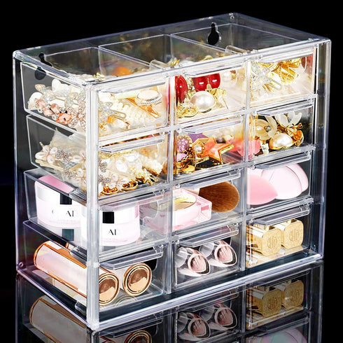 Desk Storage Organizer with 12 Mini Drawers, FODIENS Clear Desktop Craft Drawer Cabinet, Stackable Storage Box Caddy for Makeup Jewelry Office Cra...