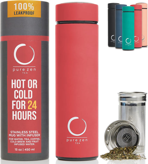 Pure Zen Tea Thermos with Infuser for Hot and Cold Infusions - Stainless Steel - Tea Infuser Bottle - Leakproof Travel Mug with Filter - 15oz - Re...