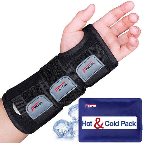 FEATOL Wrist Brace Carpal Tunnel, Night Support Brace with Wrist Splint, Adjustable Straps, Hot/Ice Pack for Women and Men, Left Hand, Medium/Larg...