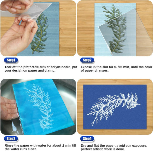 Sun Print Paper Kit Cyanotype Paper, 24 Sheets Cyanotype Papers with 1 Sheet Acrylic Panel, High Sensitive Nature Sun/Solar Activated Sun Printing...