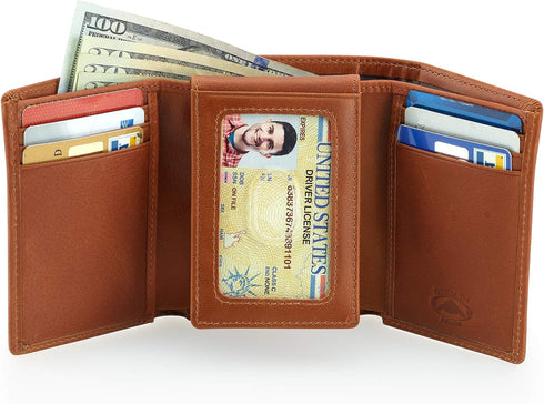 Stealth Mode Trifold Wallet - RFID Blocking Wallet with Flip ID Holder - Leather Case for Money, Credit Cards - Mens Organizer, Divided Billfold, ...