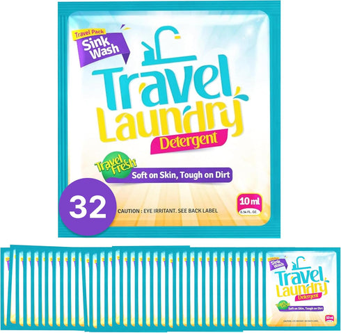 Skywin Travel Laundry Detergent 10 ml - 32 Pack Effective Travel Detergent Packets for Sink Washing - Lightweight Travel Laundry Soap, Internation...