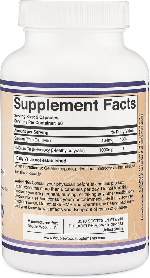 Double Wood Supplements HMB Supplement, Third Party Tested, Non-GMO, Gluten Free, 120 Capsules, 1000mg per Serving, 500mg per Capsule...
