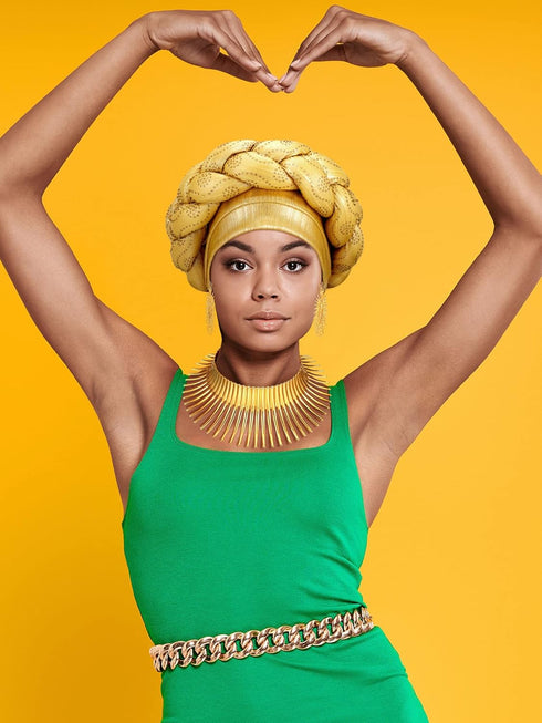 Yinkin African Jewelry Set for Women Party Gold Statement Earrings Collar Bib Necklaces African Turban Head Wrap for Theme Party...