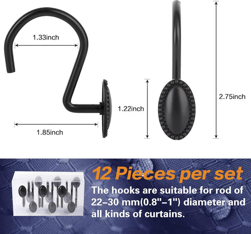 Shower Curtain Hooks, Set of 12, Black, Zinc, Rust Resistant, Decorative, Matte Black, Regular Size, Suitable for Standard Straight or Curved Show...