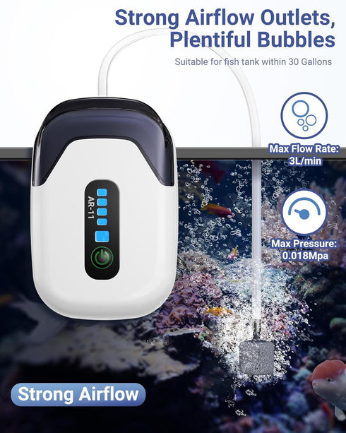 Aquarium Air Pump, Rechargeable Portable Oxygen Pump with Single/Dual Outlets, Quiet Aerator for Fish Tank up to 30/70 Gallon, Outdoor Fishing, Fi...