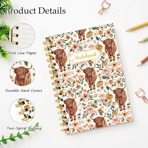 Highland Cow Floral Spiral Journal Notebook 80 Sheets A5 Watercolor Flower Cow College Ruled Notebook Strong Twin-Wire Binding with Premium for Sc...
