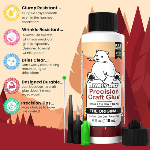 Bearly Art Precision Craft Glue - The Original - 4fl oz - Tip Kit Included - Dries Clear - Metal Tip - Wrinkle Resistant - Flexible and Crack Resi...