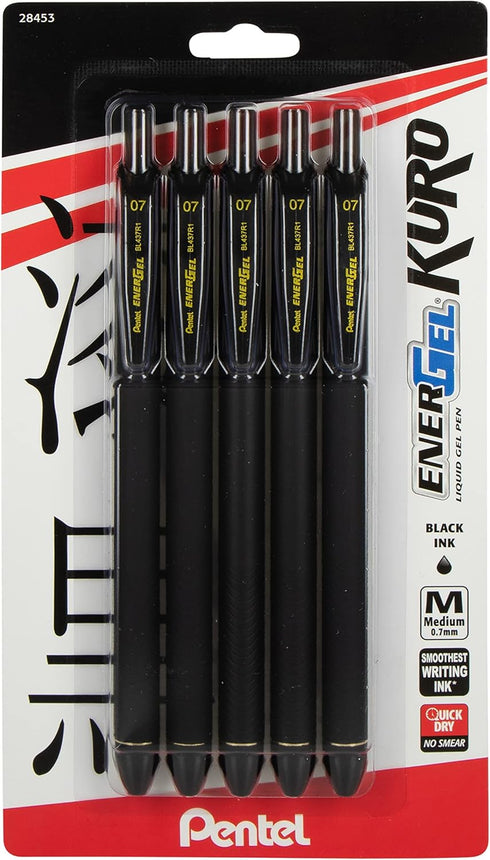 Pentel EnerGel Kuro Liquid Gel Pen, (0.7mm) Medium line, Black Ink, 5 Pack...