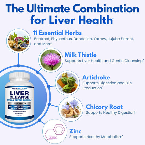 Arazo Nutrition Liver Cleanse Detox & Repair Formula – Milk Thistle Herbal Support Supplement: Silymarin, Beet, Artichoke, Dandelion, Chicory Root...