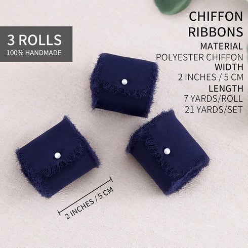 DORIS HOME 3 Rolls 2"x7Yd Fringe Chiffon Ribbon for Flower Bouquet, Handmade Dark Navy Blue Ribbon for Gift Wrapping, Frayed Edge Ribbon for Craft...