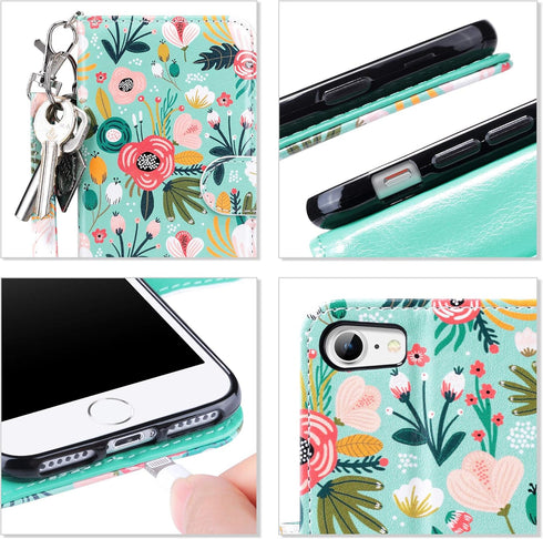 ULAK for iPhone SE 3(2022)/SE(2020)/8/7 Wallet Case with Card Holder, Premium Floral PU Leather Flip Case with Kickstand Card Slots,Wrist Strap, D...
