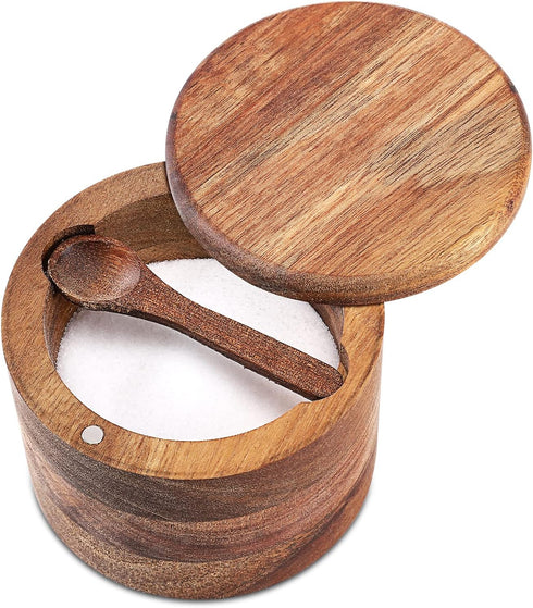 Acacia Wood Salt and Pepper Bowl, Nature Wood Salt Cellar and Spices Storage Box With Built-in Spoon and Magnetic Swivel Lid (Single Compartment)...