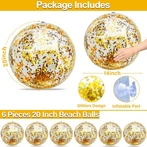 TURNMEON 6 Pcs 20 Inch Jumbo Sequins Beach Ball Pool Toys Balls Glitters Inflatable Clear Beach Ball Swimming Pool Water Beach Toys Outdoor Summer...