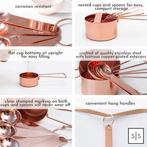 Copper Measuring Cups and Spoons Set – 8-Piece Stackable Stainless Steel Metal Measuring Utensils – Stylish and Sturdy Rose Gold Kitchen Accessori...