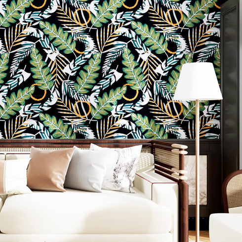 Tropical Green Leaves Wallpaper Peel and Stick Wallpaper Self Adhesive Removable Wallpapers Black Contact Paper for Cabinets Vinyl Countertops Wat...