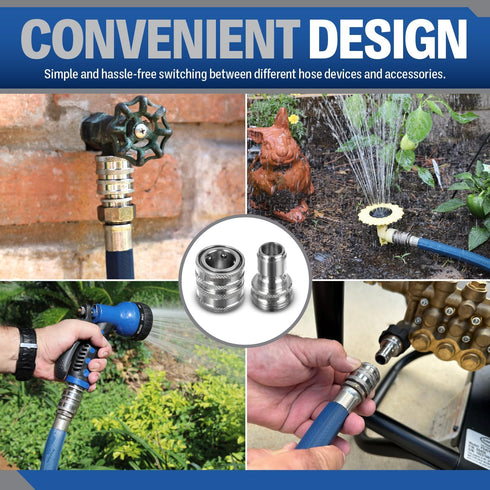 ESSENTIAL WASHER Garden Hose Quick Connect Hose Fittings - 3/4 Inch Stainless Steel Water Hose Quick Connect Set - Garden Hose Connector Set, Pres...
