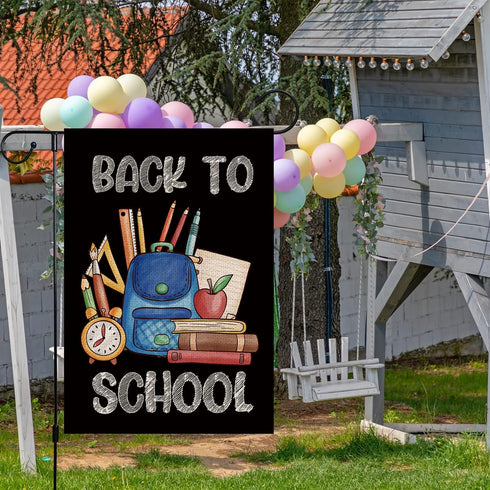 Back to School Garden Flag Pencil Book Alarm Clock Schoolbag Burlap Black Flag Double Sided First Day to School Outside Yard Lawn Decorations 12.5...