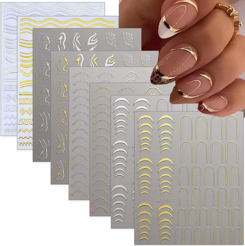 Gold Nail Art Stickers Metallic Line Nail Decals 3D Self-Adhesive Gold Silver Curve Stripe Wave Nail Design Luxury French Tip Manicure Nail Art Su...