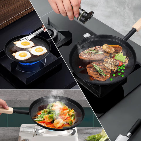Frying Pan Skillet 8-inch Flat Griddle Pan, Lightweight Grill Pan with Wooden Handle for Camping Indoor Outdoor Cooking...