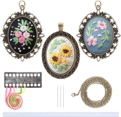 MWOOT 3 Pack Pendant Embroidery Starter Kit for Beginners,Retro Necklace Series Cross Stitch Tools for Necklace & Earrings & Hand Sewing Jewelry &...