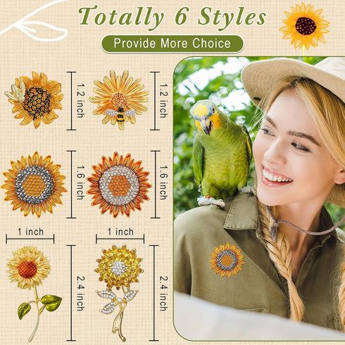 Junkin 6 Pcs Sunflower Brooch Pins Rhinestones Crystal Brooches Gold Pins for Hats Elegant Crystal Brooch Pins for Women Vintage Bee Pin...
