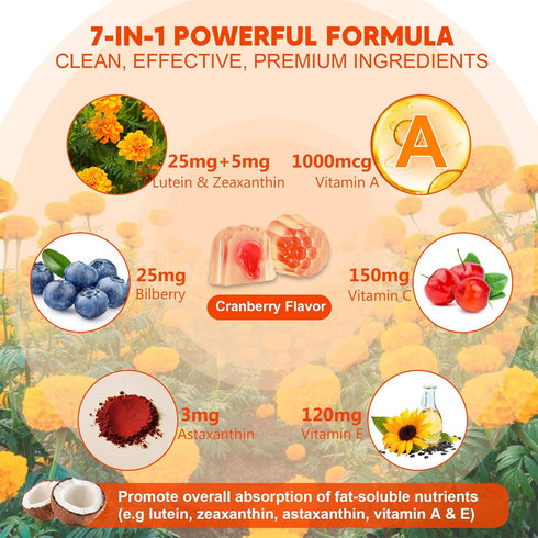 Sugar-Free Lutein Zeaxanthin Supplements Gummies (25mg) Vitamins A, C, E, Bilberry, Astaxanthin - with Coconut Oil for Better Absorption - for Adu...