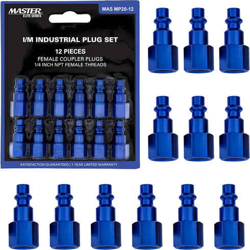 Master Elite Series 12 Piece Industrial I/M Type Plug Fittings Set with 1/4" NPT Female Threads - Attach to Quick-Connect Couplers, Air Hoses, Com...