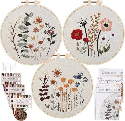 3 Pack Embroidery Starter Kit for Beginners Stamped Cross Stitch Kits with Cute Flowers and Plants Patterns with Embroidery Hoops and Color Thread...