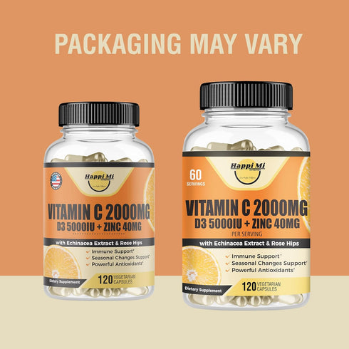 Vitamin C 2000MG, Zinc 40 mg, Vitamin D3 5000 IU, Echinacea Extract, Rose Hip, Immune Support for Adults & Kids, Immune Booster,120 Vegan Caps, 60...