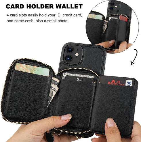 Bocasal RFID Blocking Wallet Case for iPhone 12/12 Pro, Adjustable Crossbody Zipper Purse Case Card Holder with Kickstand Detachable Wrist Strap, ...