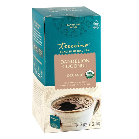 Teeccino Dandelion Coconut Tea - Caffeine Free, Roasted Herbal Tea with Prebiotics, 3x More Herbs than Regular Tea Bags, Gluten Free - 25 Tea Bags...