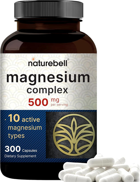 NatureBell Magnesium Complex Supplement 500mg, 300 Capsules | 10 Active Forms – Glycinate, Citrate, Taurate, Plus More | 100% Chelated & Purified ...