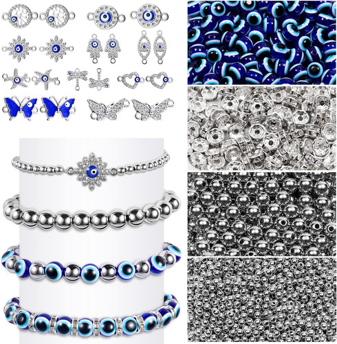 1020 Pieces Evil Eye Beads Kits, 20 Evil Eye Rhinestone Charms 100 Blue Evil Eye Beads 100 Rondelle Spacer Beads 600 4mm and 200 8mm Round Beads f...