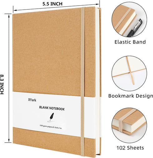 XYark Blank A5 Karft Notebook Journals Bulk, Plain Hardcover Subject Sketchbook Composition Notebooks Planner with Unlined Paper, 2 Pack, 120GSM, ...