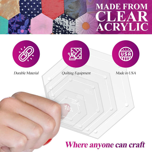 Hexagon Quilting Template Set - 4", 3", 2", 1" Sizes with 1/4" Seam Allowance - Durable Acrylic Templates for Quilting, Patchwork, Crafting, & Sew...