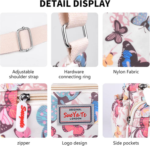 WITERY Crossboby Bag for Women - Waterproof Nylon Multi-Pocket Purse Floral Shoulder Bag Zipper Handbag Messenger Bag...