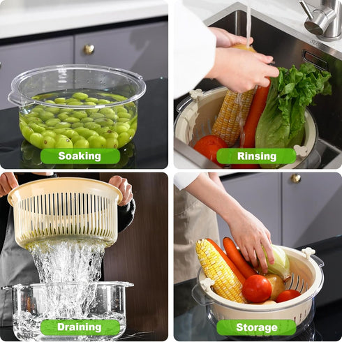 Kitchen Colanders Bowl Set 2 in 1 Fruit Vegetable Washing Food Strainers, Large Plastic Double Layered Strainer Basket for Pasta, Spaghetti, Berry...