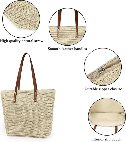Womens Large Straw Beach Tote Bag Handmade Woven Shoulder Bag Handbag Purse for Summer...