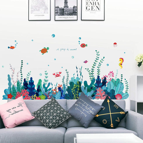 Removable 3D Under The Sea View Grass Wall Decal - DIY Ocean Coral Seaweed Stickers Murals - Peel and Stick Home Decor for Kids Bedroom, Bathroom,...