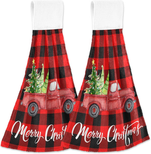 Boccsty Christmas Tree Truck Fingertip Bath Towels 2 Pcs New Year Red Black Plaid Tartan Hanging Kitchen Hand Towel Absorbent?Dish Cloths for Bath...